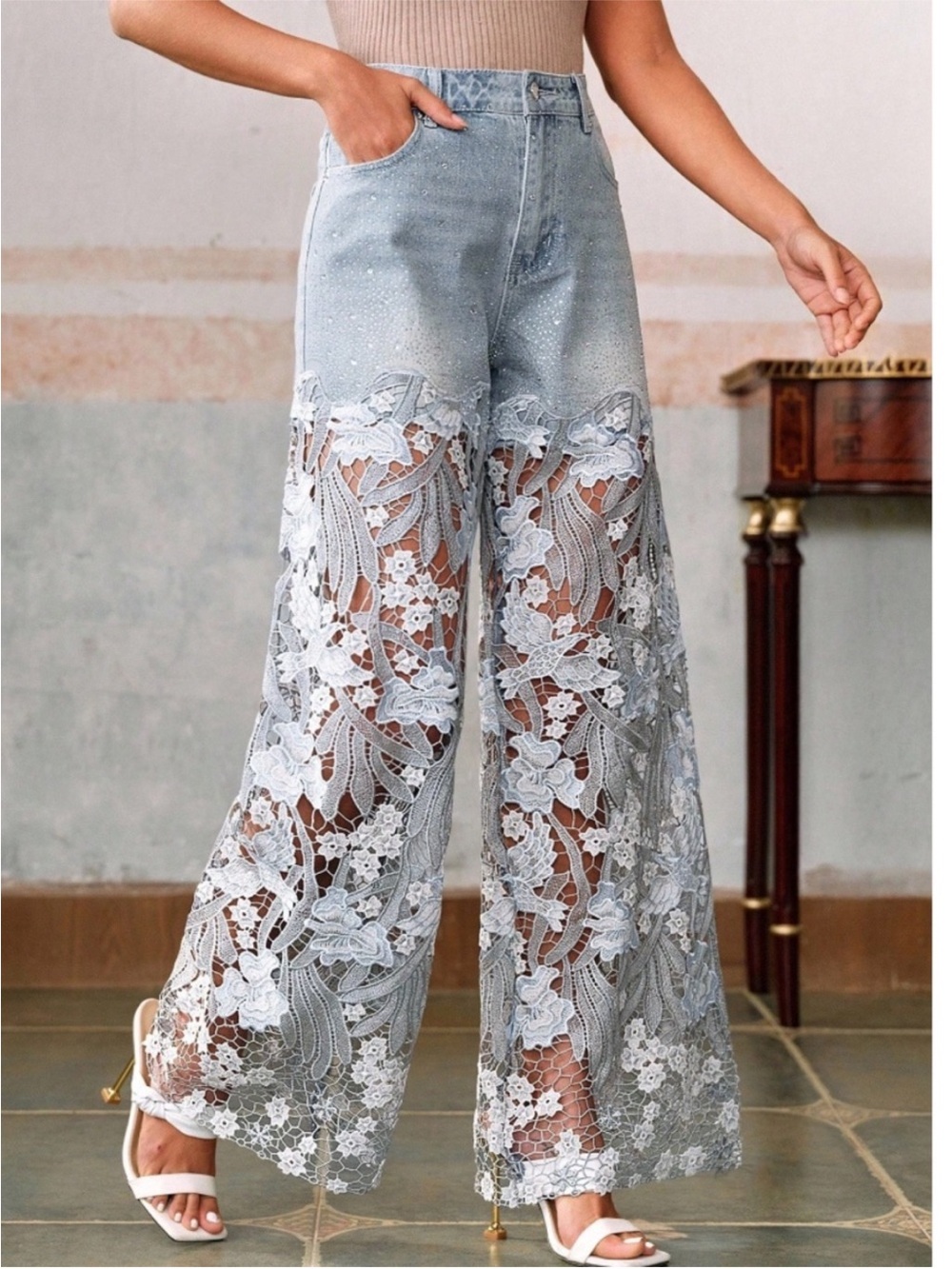 NWT Lace-Inset Wide Leg Denim Light Wash Pants - Light Blue - Picture 4 of 6